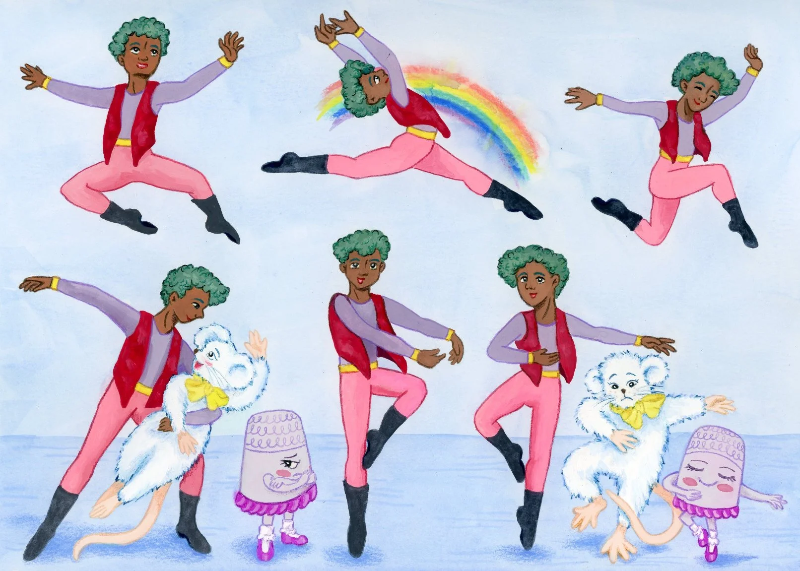 Illustrations of the jewerly box ballerina in various dancing poses. The mouse dances with the ballerina next to a jealous thimble in one pose. The mouse and thimble try to imitate the ballerina in another pose.