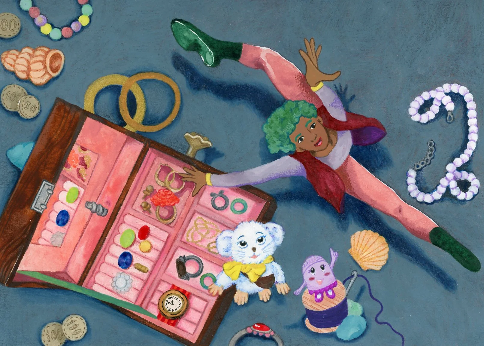 The ballerina in a jewerly box comes to life and leaps over the mouse and thimble.