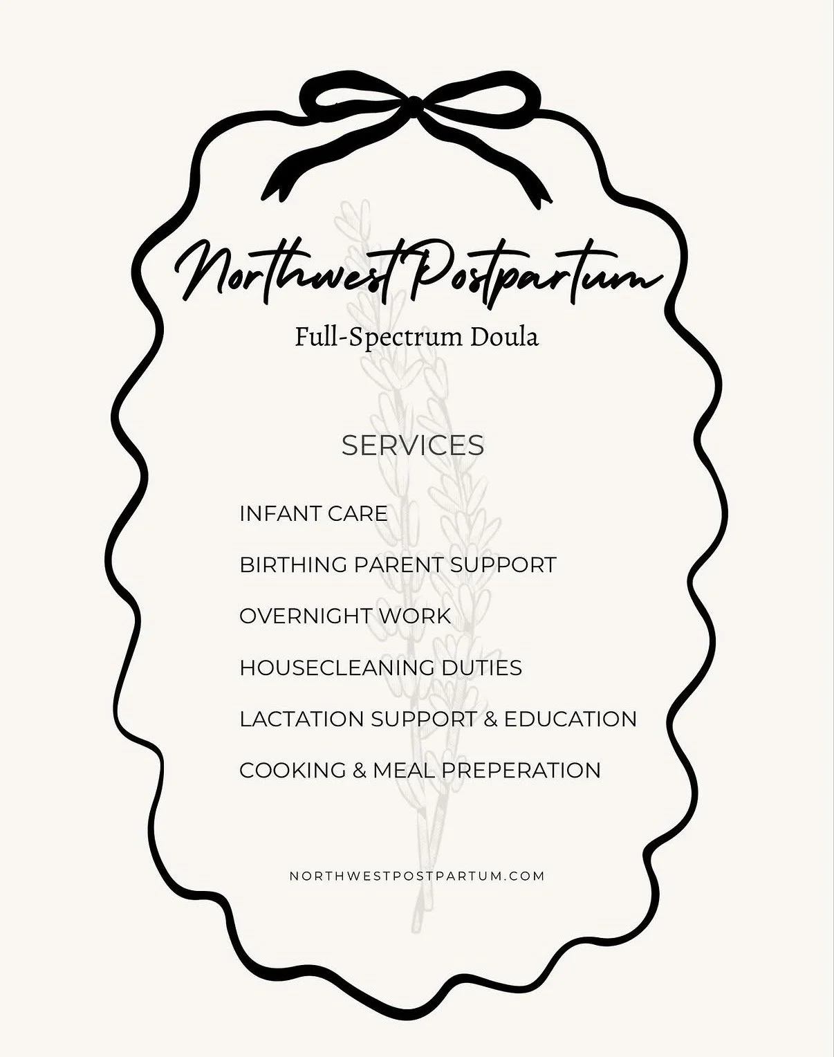 Business flyer for Northwest Postpartum, offering full-spectrum doula services, with a list of services including infant care, birthing parent support, overnight work, housecleaning duties, lactation support and education, and cooking and meal preparation.