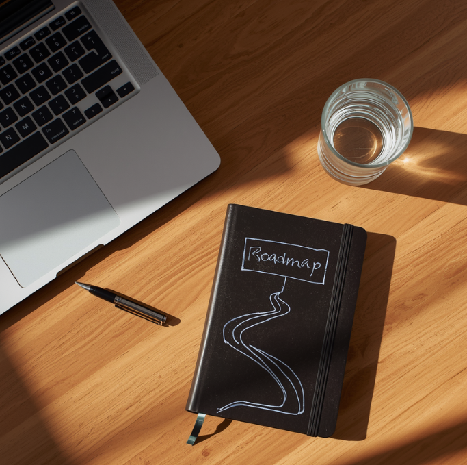 A minimalist professional desk with a laptop and notebook, symbolizing a clear strategy and production roadmap.