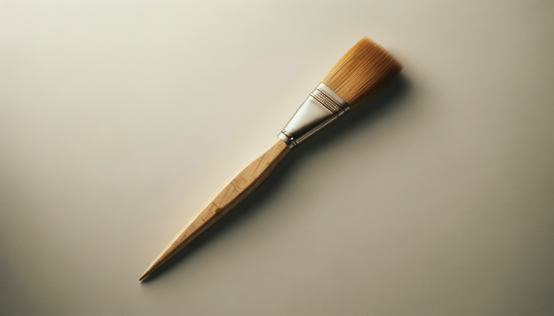A paintbrush with a wooden handle and bristles lying on a light-colored surface.
