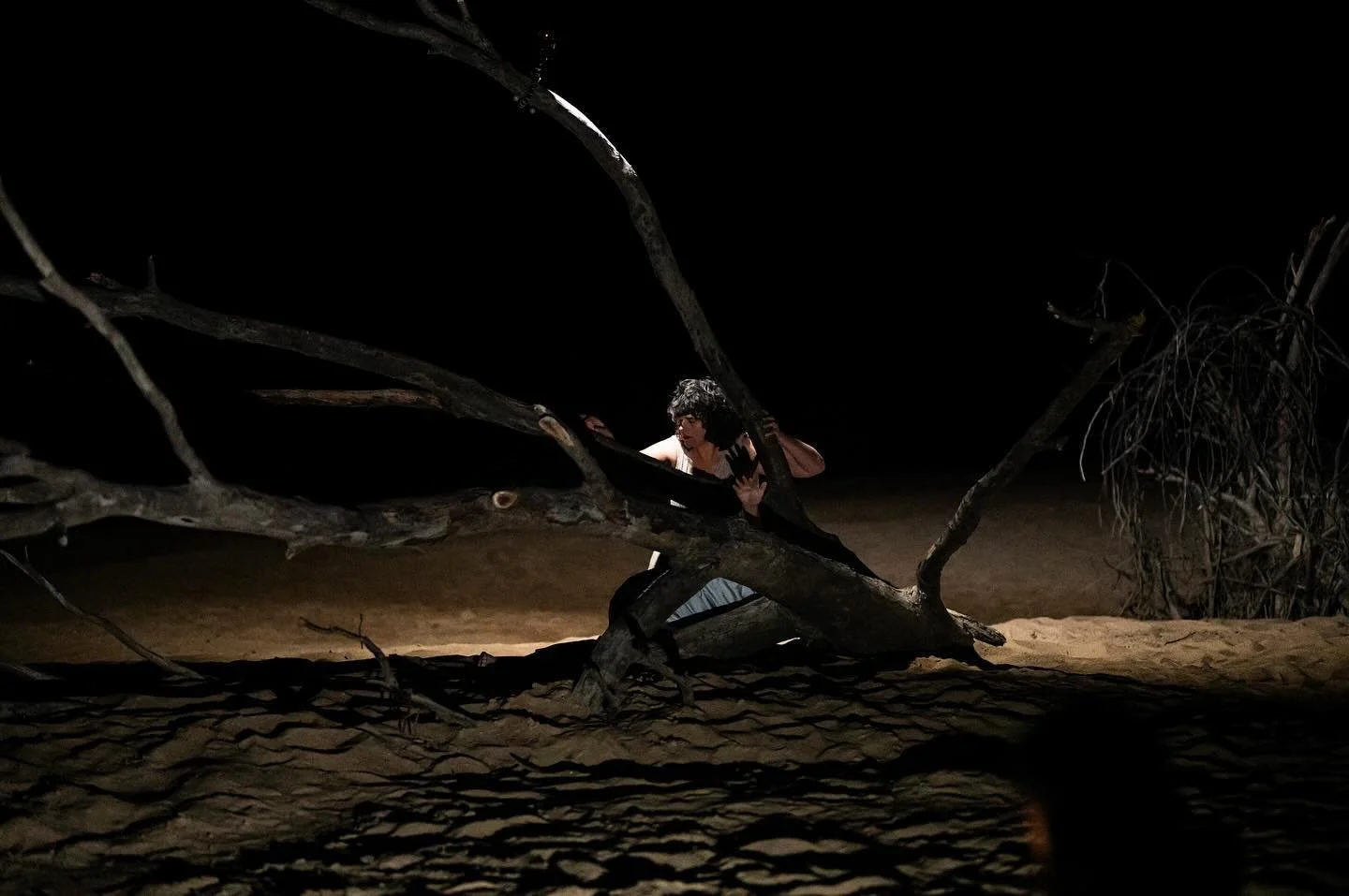 Deposit- a performance by Kirsten Wehner and Maggie Ellis at Apex Park on the opening night of our mini-festival.

Left behind by floodwaters, a tree, or is it two trees, lies half-buried in the sand along the river. A memory of powerful flows, a scu