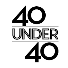 Graphic with the text '40 UNDER 40' in black and white.