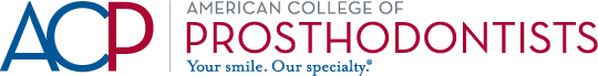 Logo of the American College of Prosthodontists with the text 'Your smile. Our specialty.'