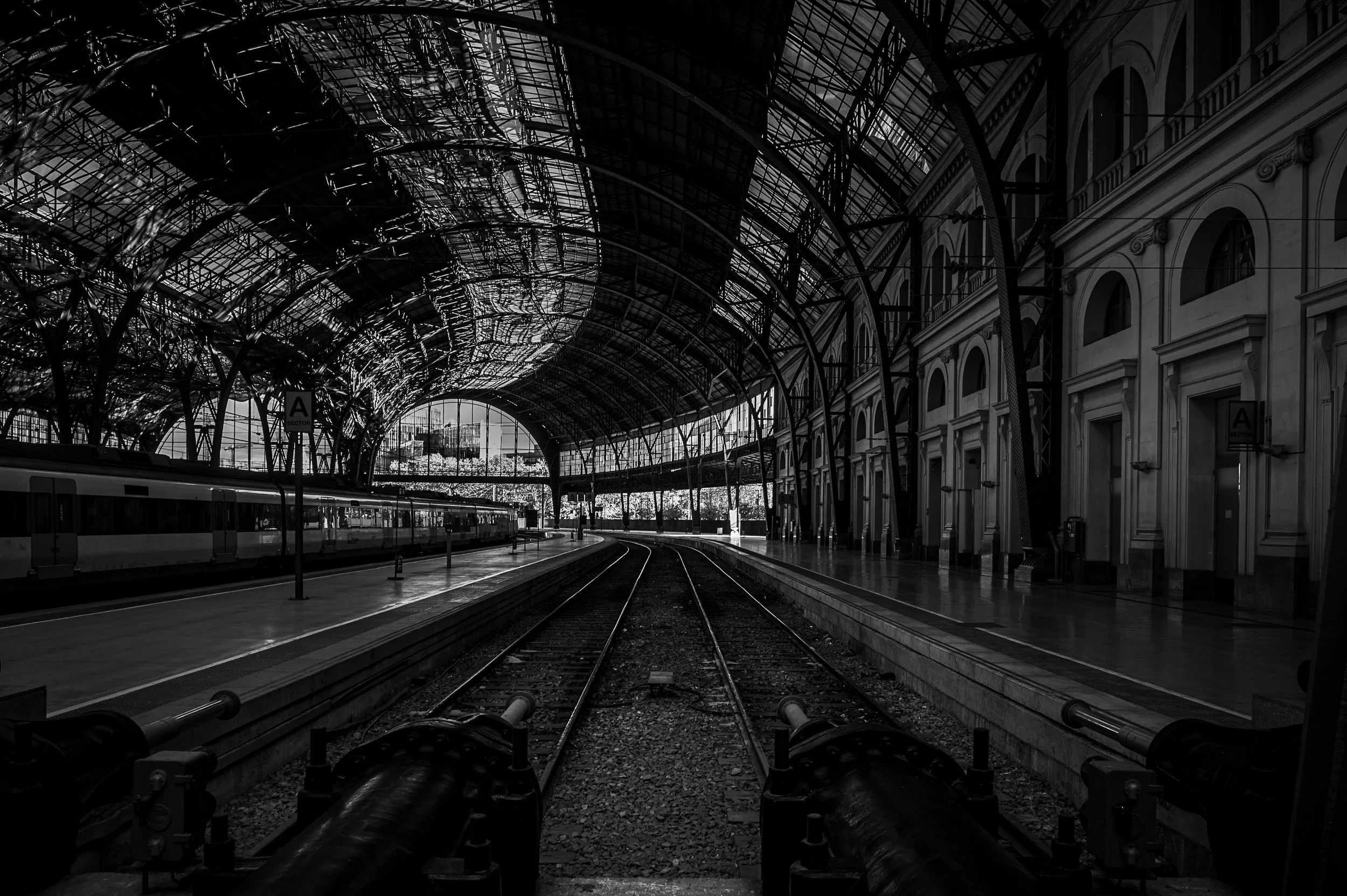 Railway tracks lead beneath the wide steel-and-glass roof of Estació de França.
