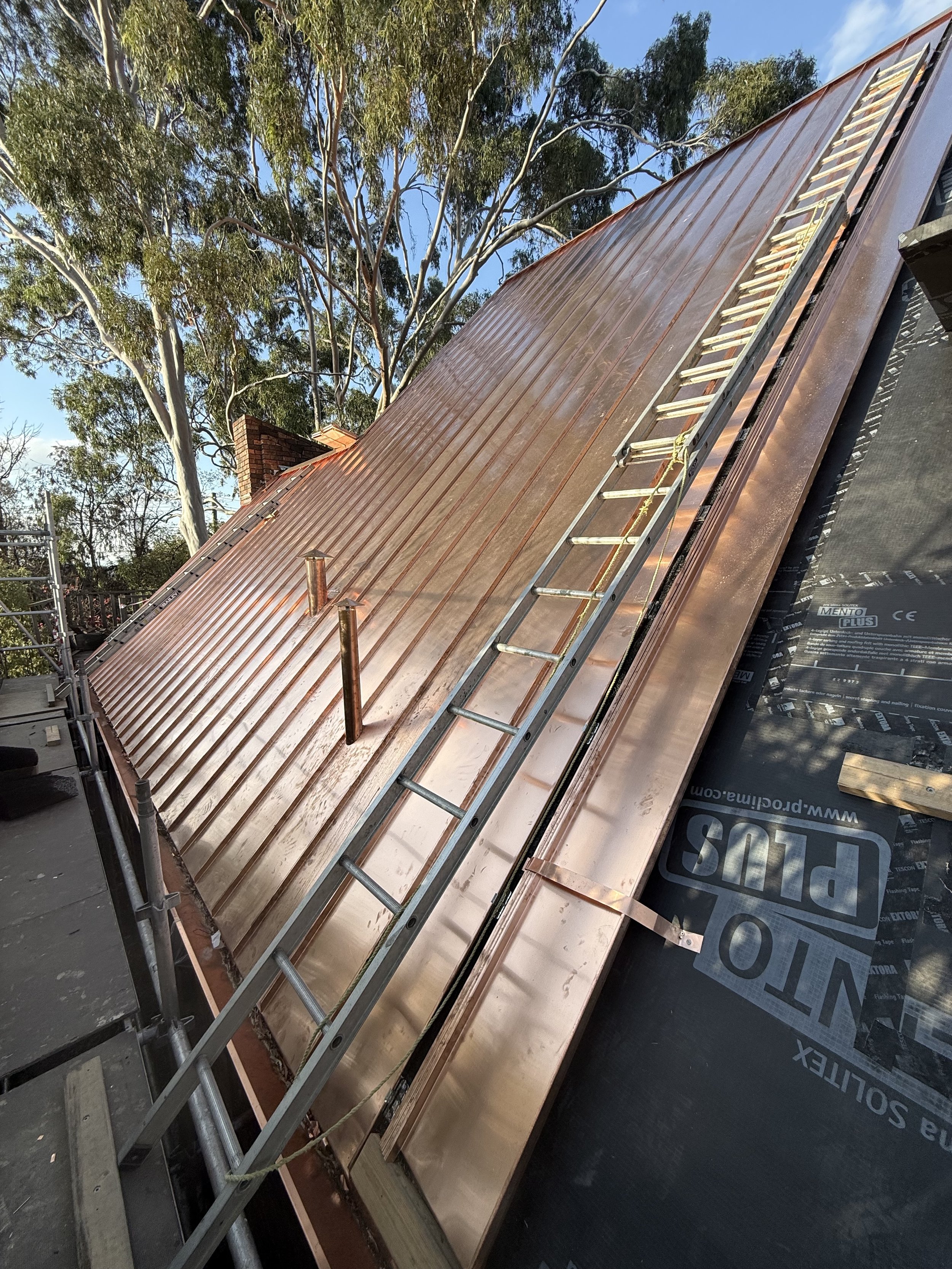 Copper roof under construction with ladder and scaffolding, surrounded by trees and blue sky.