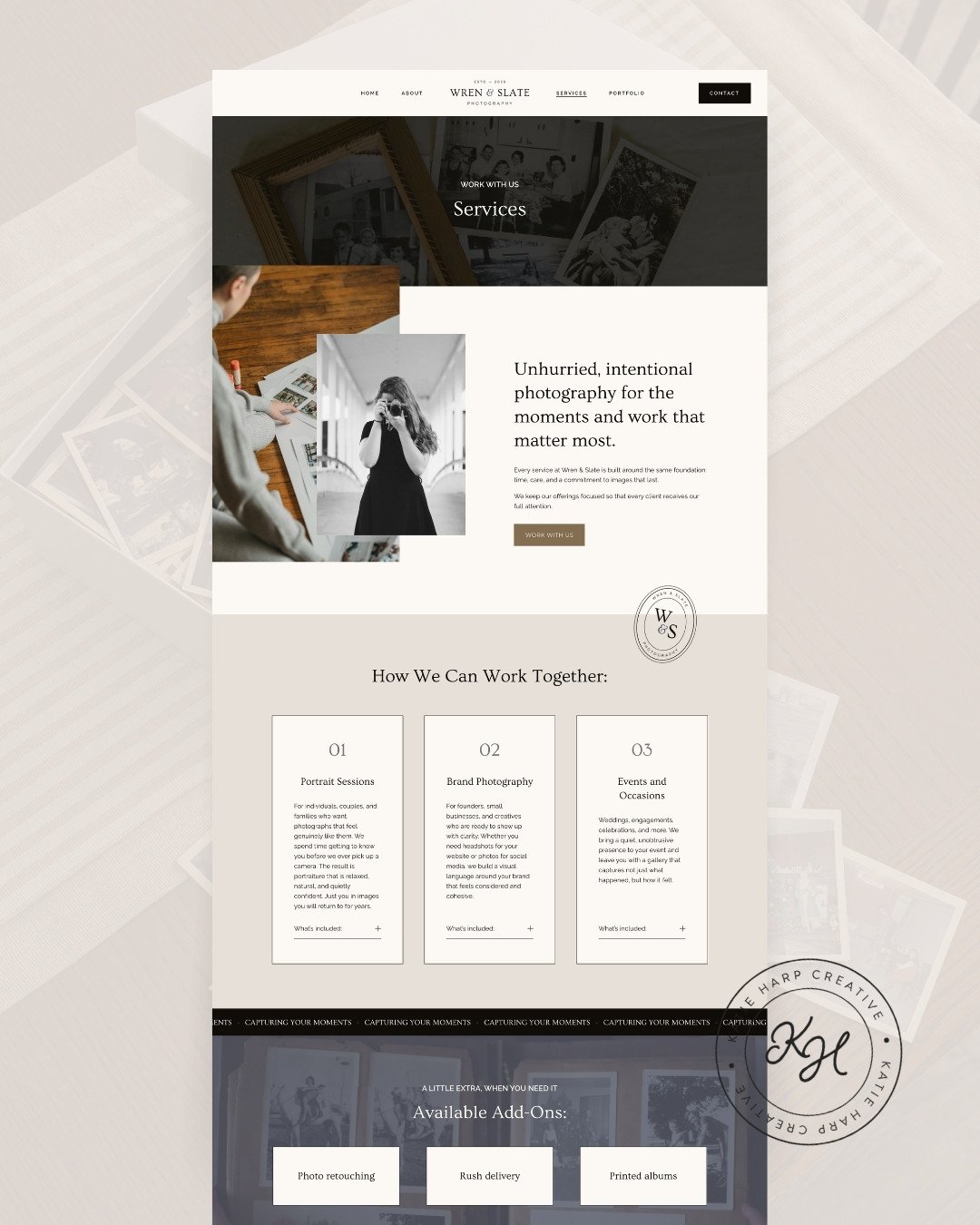 Photographer website design services page
