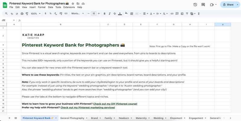 Pinterest Keyword Bank for Photographers