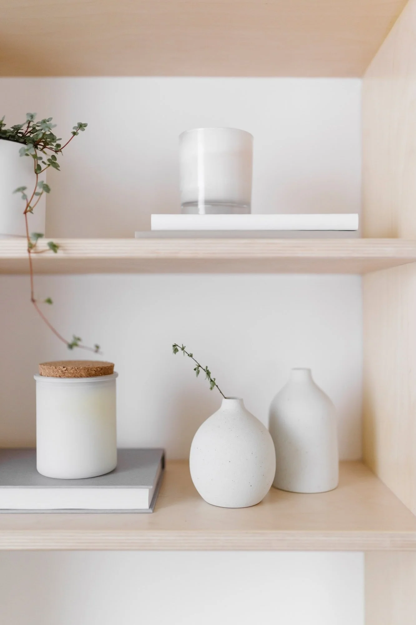 White vases on wooden shelves