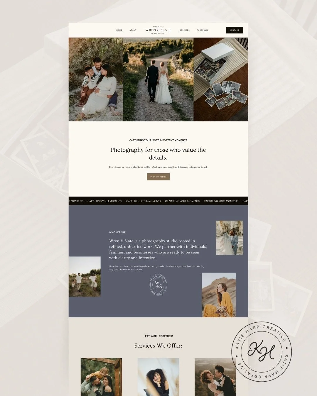 A recent mockup website I designed from scratch (the whole website and branding!) on Squarespace in a week for a fictional photography company I named Wren &amp; Slate Photography.

These were the brand adjectives I was going for: 

🪺 Intentional

?