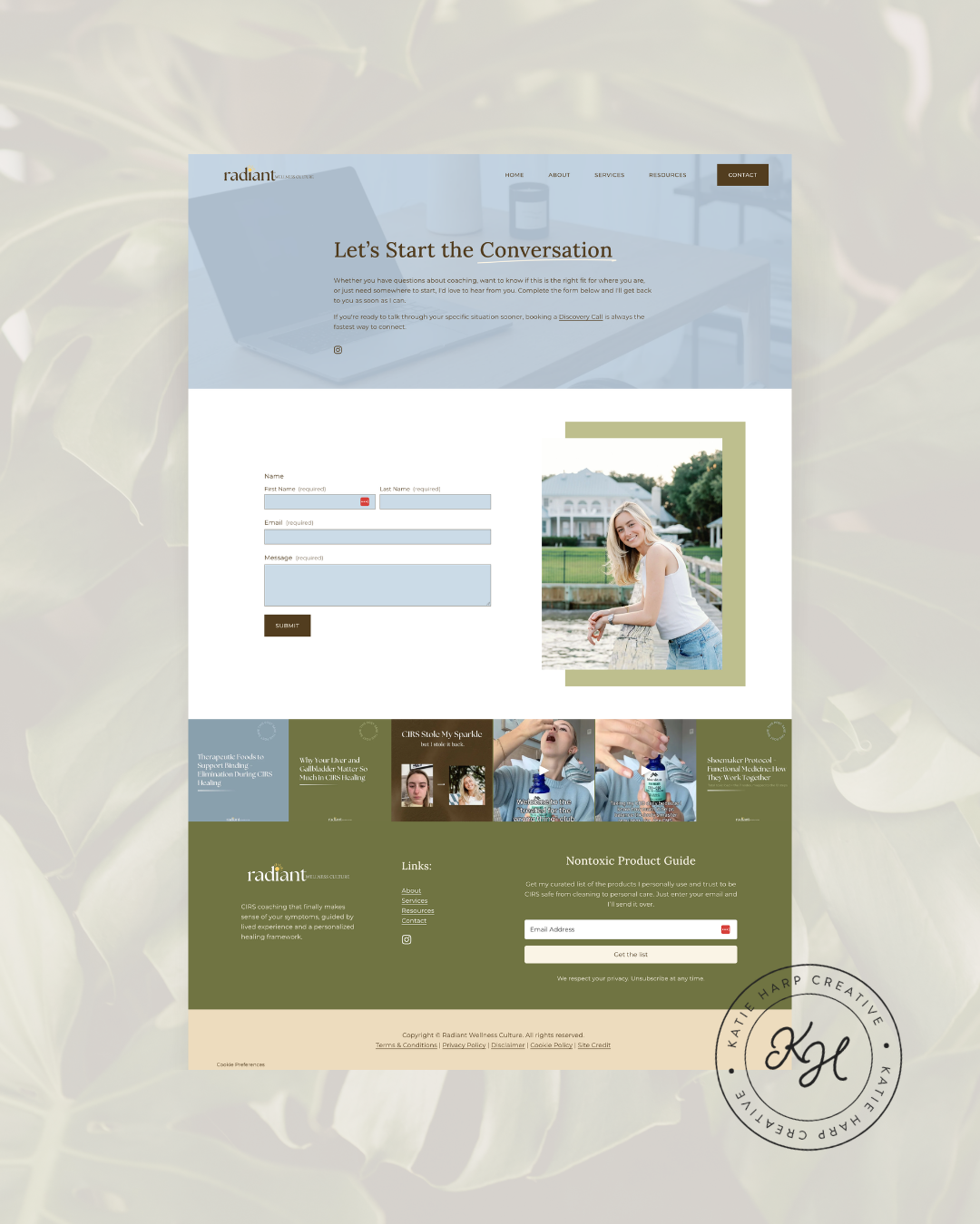 Health coach website design contact page