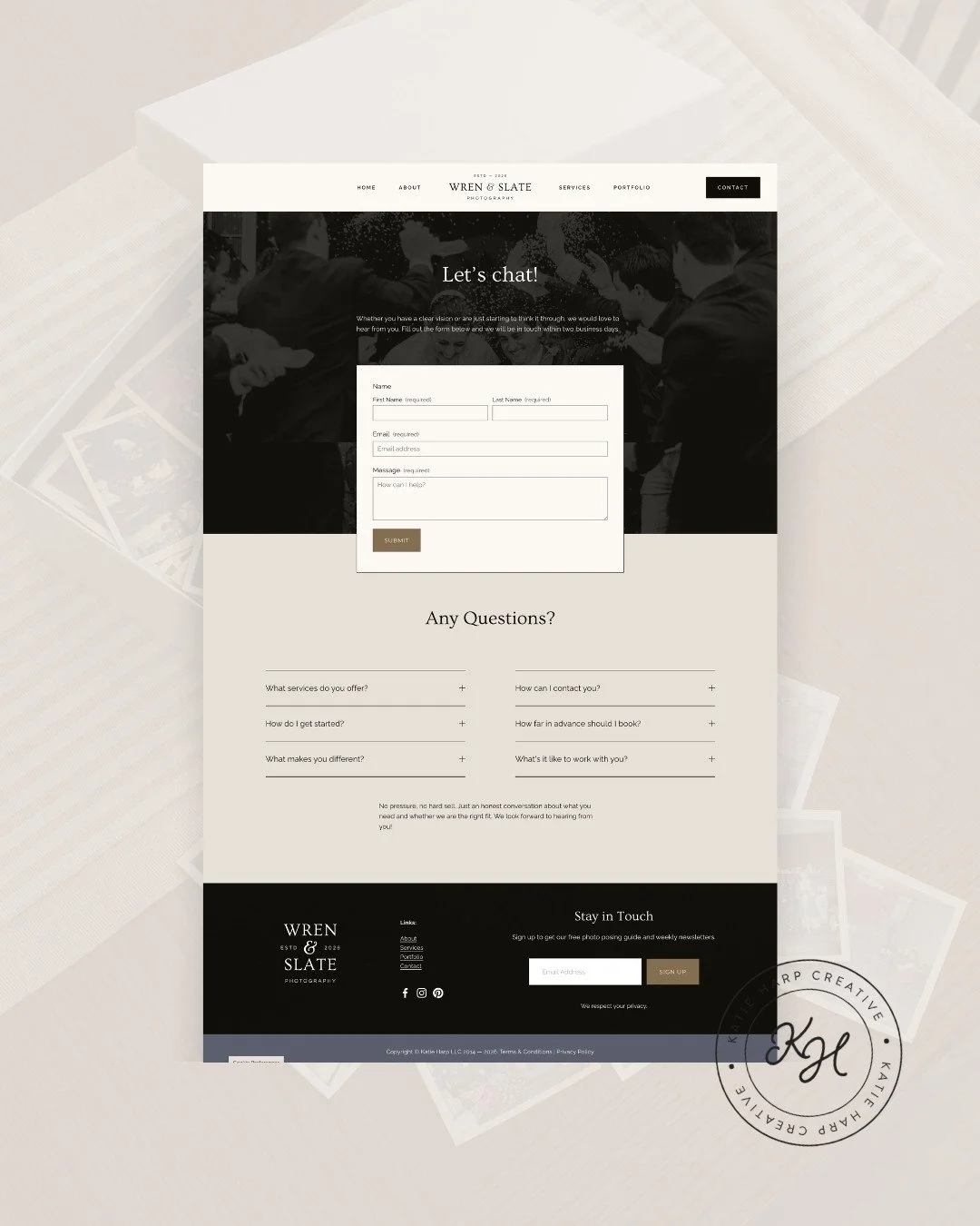 Photographer website design contact page