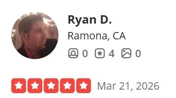 Screenshot of a social media profile belonging to Ryan D. from Ramona, CA, showing his profile picture, location, and a five-star rating with the date March 21, 2026.