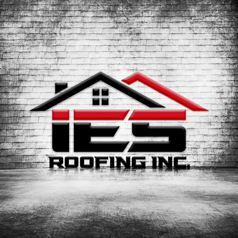 Logo of IES Roofing Inc with a house outline above the text, against a brick wall background.