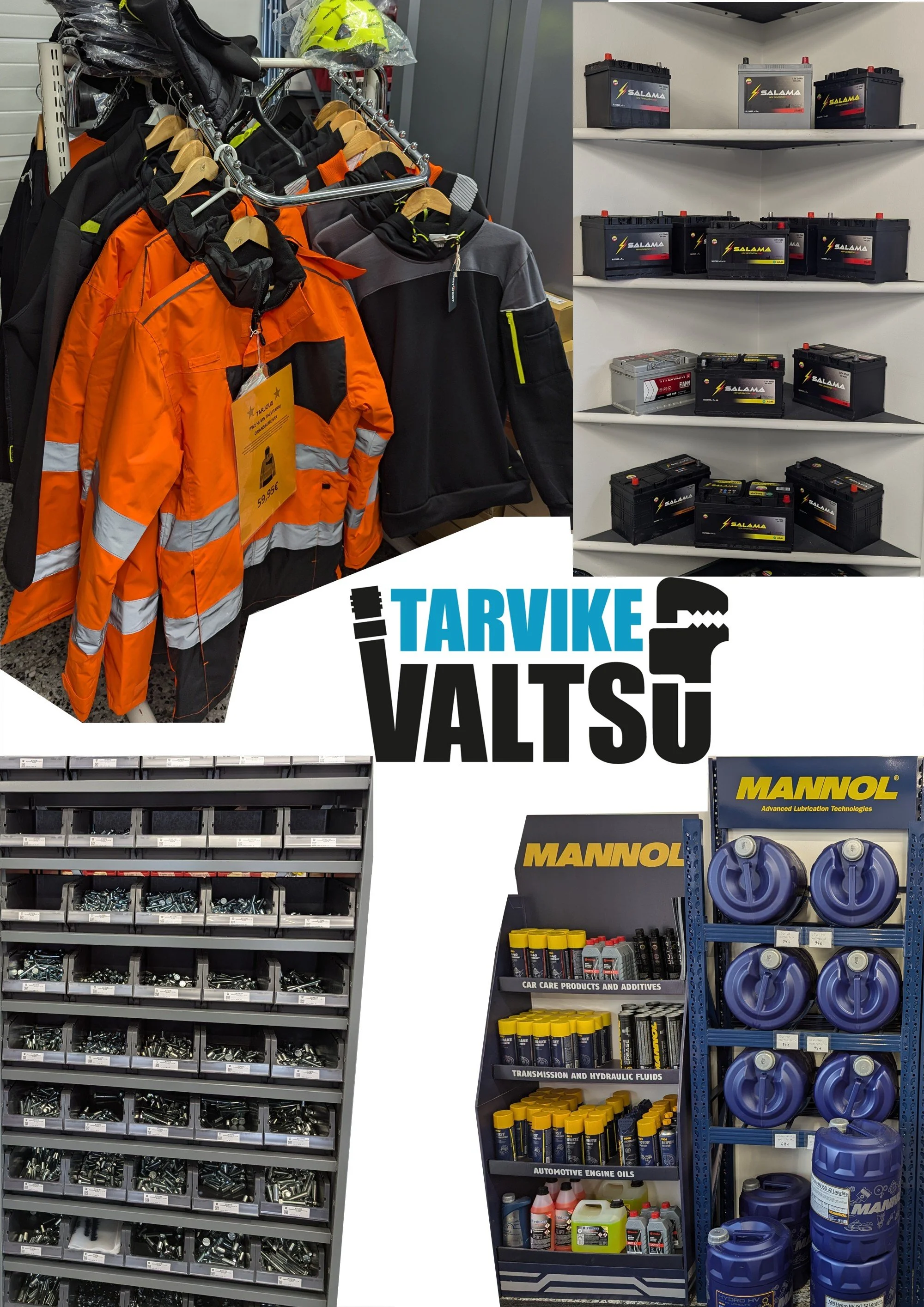 Komposiittikuva työvaatteista, akuista, kilopulteista ja öljyistä