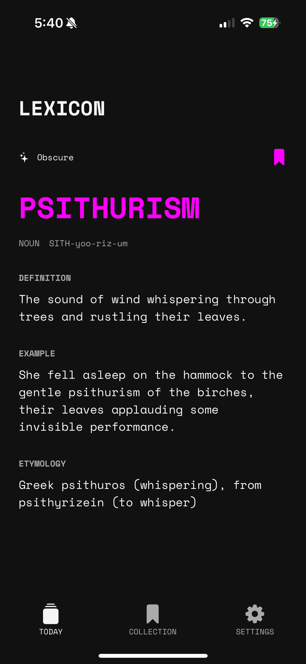 A digital screen displaying a dictionary entry for the word 'psithurism,' including its pronunciation, definition, example sentence, and etymology with a dark background and bright pink and white text.