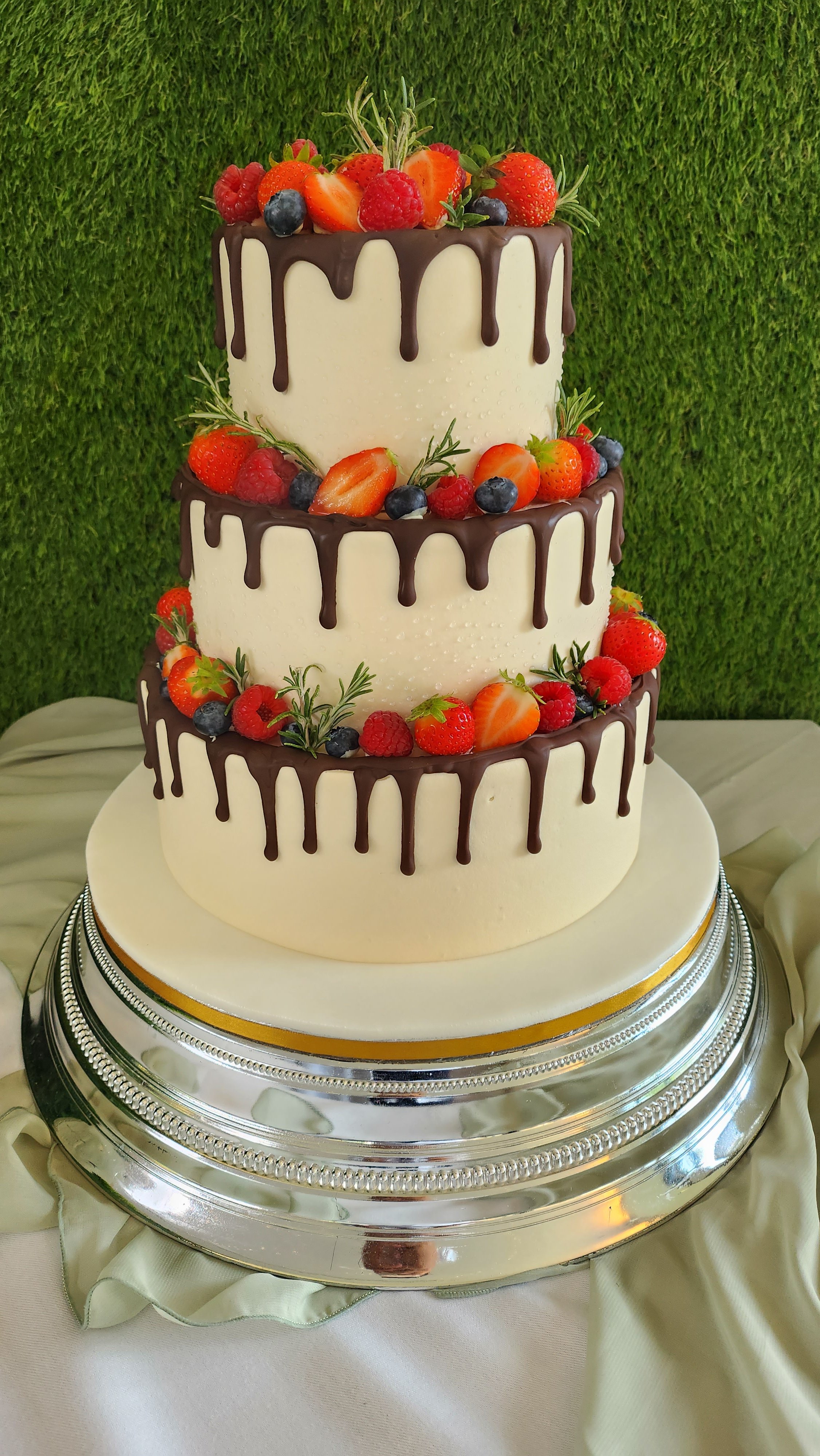 Fresh Fruit & Chocolate Drip Wedding Cake