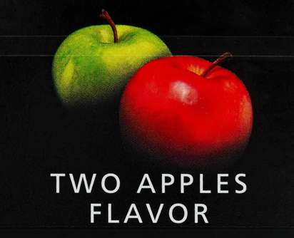 A green apple and a red apple placed side by side against a dark background with the text 'Two Apples Flavor' below them.