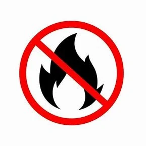 A red circle with a line through it over a black flame, indicating 'no fire' or 'flammable' warning.
