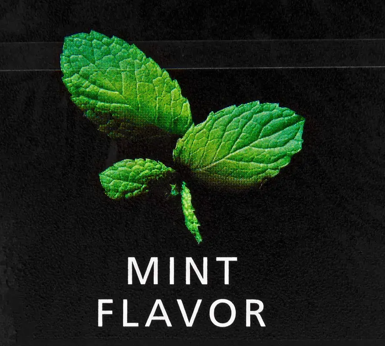 Close-up of green mint leaves with the text 'MINT FLAVOR' on a black background.