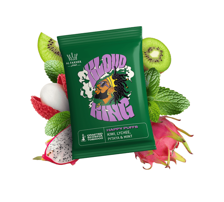 A green packet of Al Fakher flavored shisha tobacco labeled 'Happy Puffs' with kiwi, lychee, pitaya, and mint, surrounded by fresh slices of kiwi, lychee, pitaya, and mint leaves.