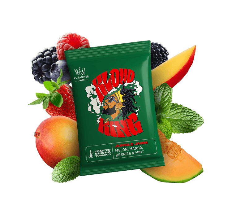 A green pack of Royal King shisha tobacco labeled Jungle Jam, melon, mango, berries, and mint flavor, surrounded by fresh berries, melon, peach, and mint leaves.