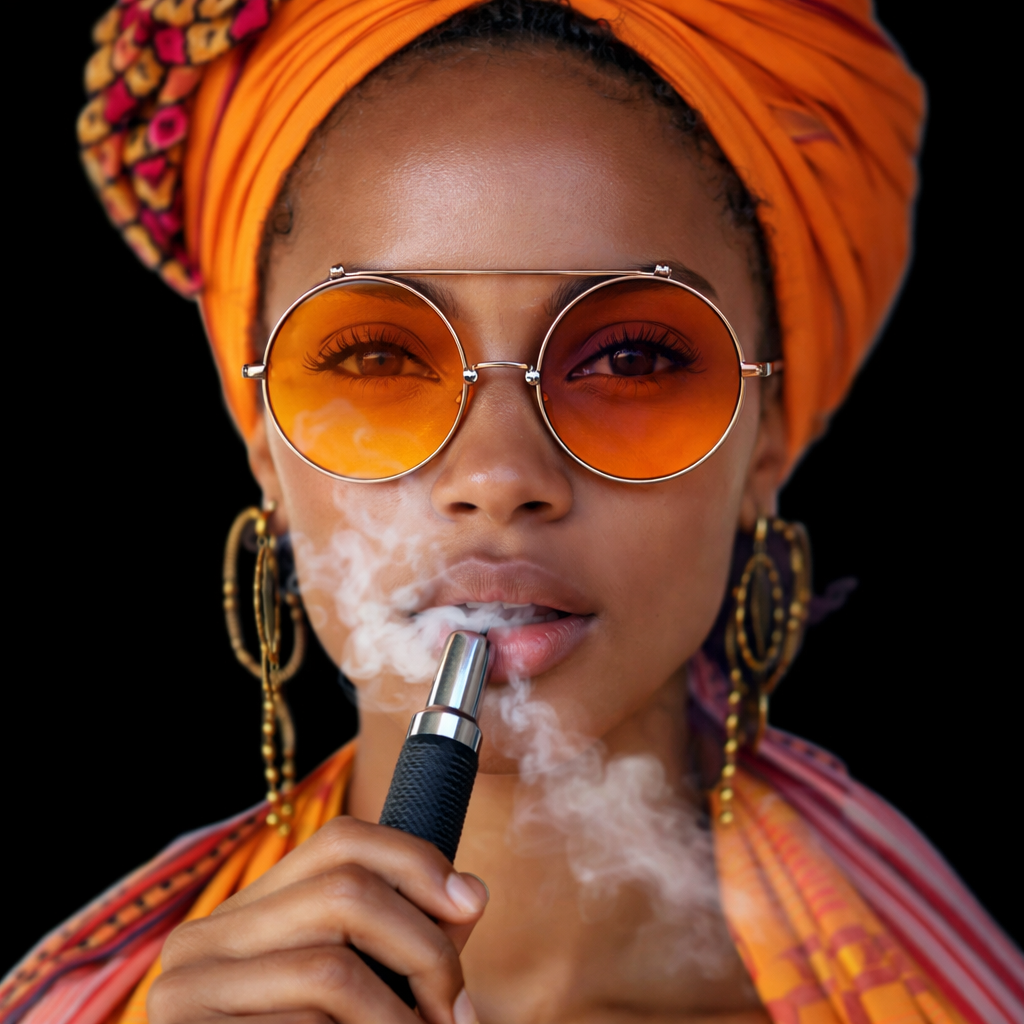 A woman wearing orange-tinted sunglasses, a colorful headwrap, and earrings, holding a vape pen and exhaling smoke against a black background.