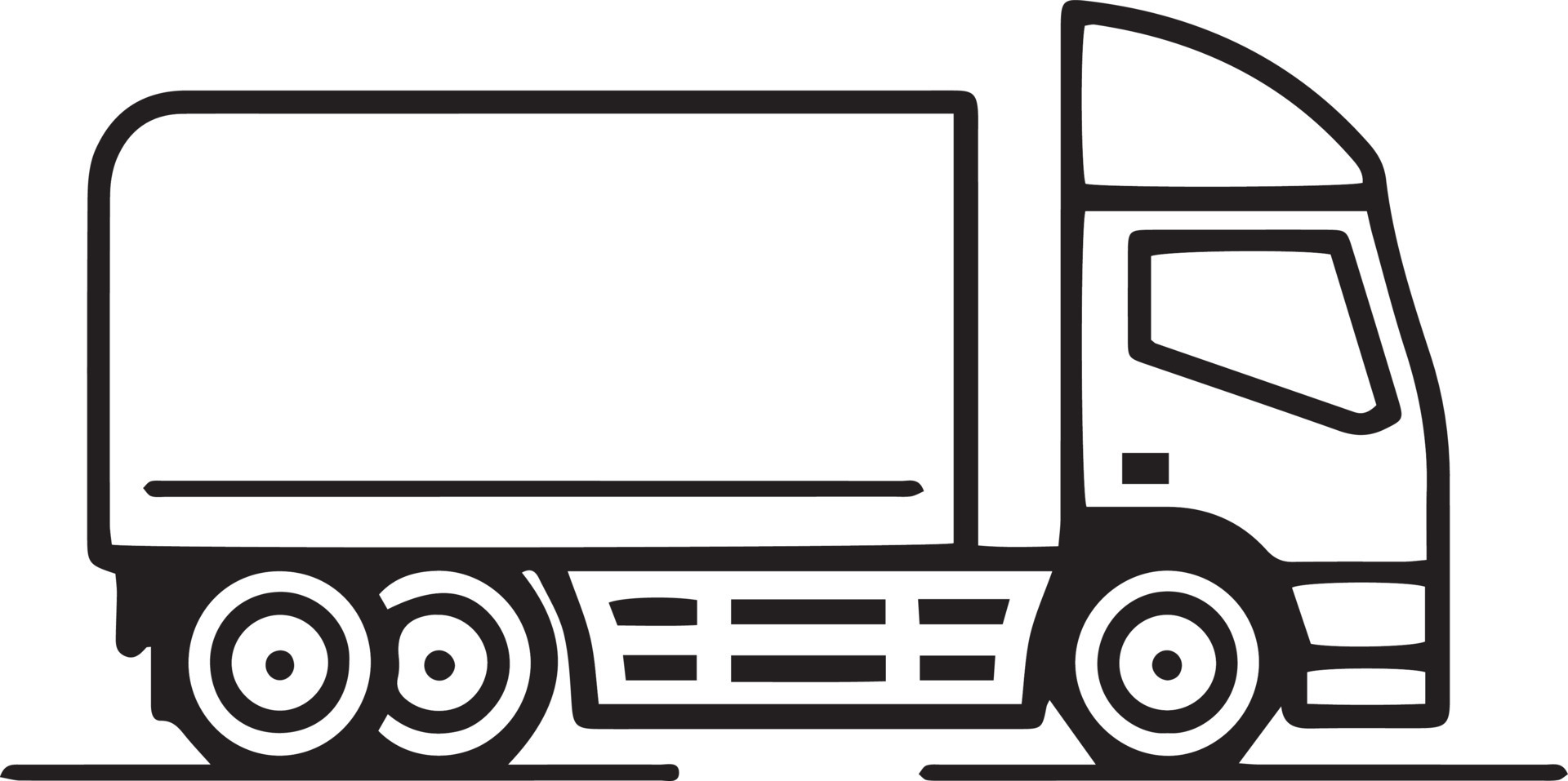 Outline drawing of a truck with a cab and cargo area, wheels, and side mirrors.
