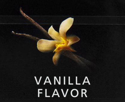 A vanilla bean with a vanilla flower, labeled 'Vanilla Flavor' on a black background.