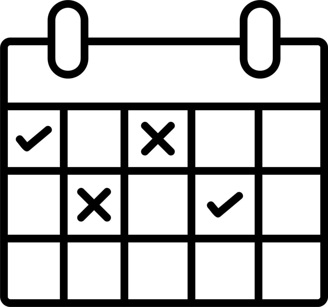 A black and white calendar icon with checkmarks and crosses marking specific dates.