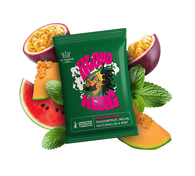A package of Al Fakher flavored shisha tobacco with passionfruit, melon, watermelon, and mint flavor, surrounded by slices of passionfruit, watermelon, and cantaloupe, along with mint leaves.