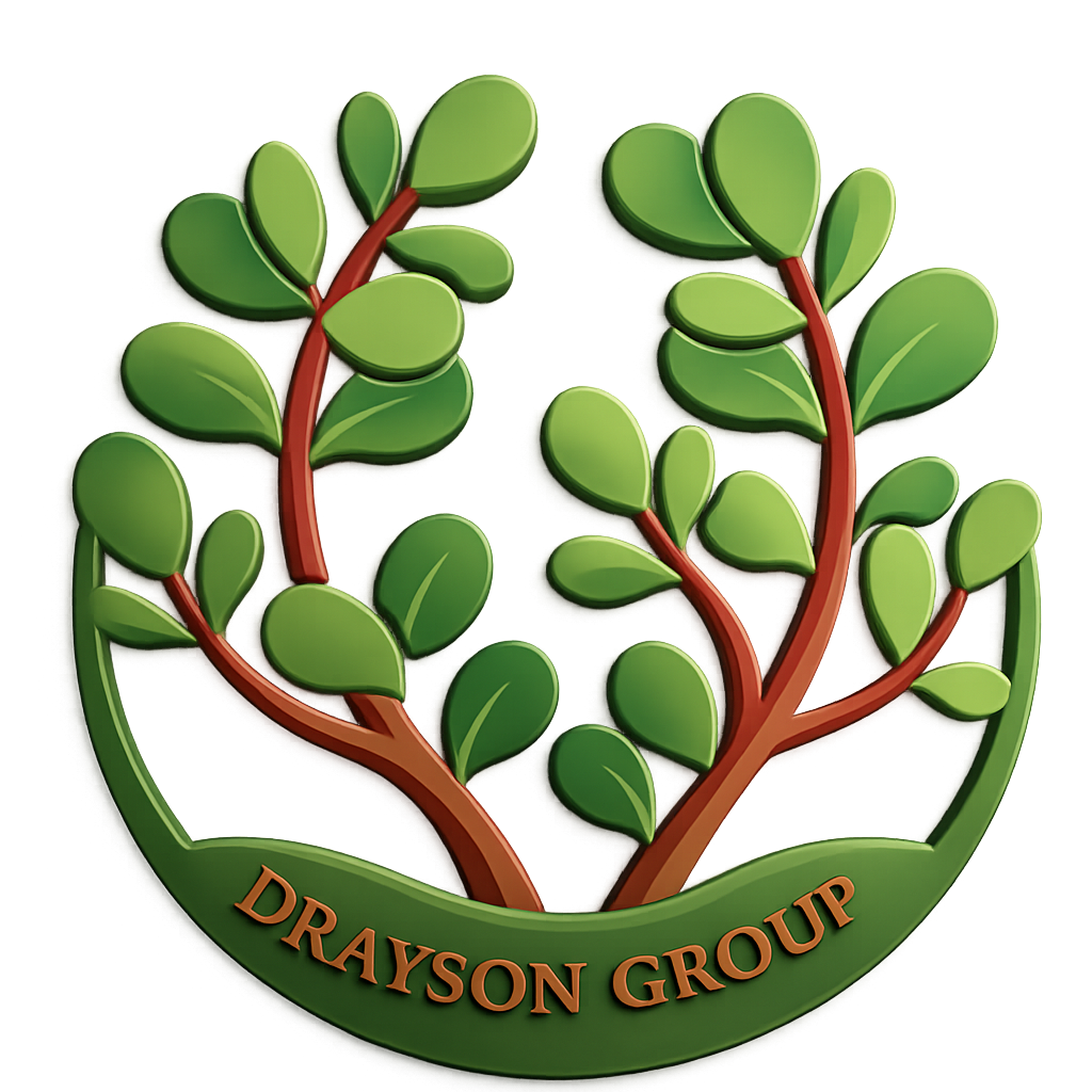 A logo of a green leafy plant with brown stems and a green ribbon at the bottom that says "DRAYSON GROUP".