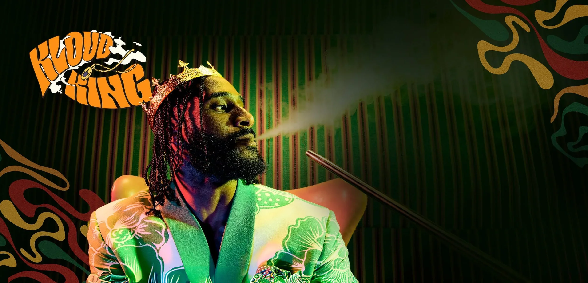 A man with a beard and dreadlocks wearing a crown and traditional clothing, smoking a hookah with a colorful background featuring the words 'Cloud Juice' in stylized orange font.