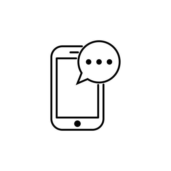 Line drawing of a smartphone with a speech bubble containing three dots, representing messaging or communication.