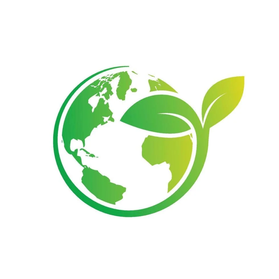 A green and white illustration of the Earth with a leaf growing from the side, symbolizing environmental sustainability.