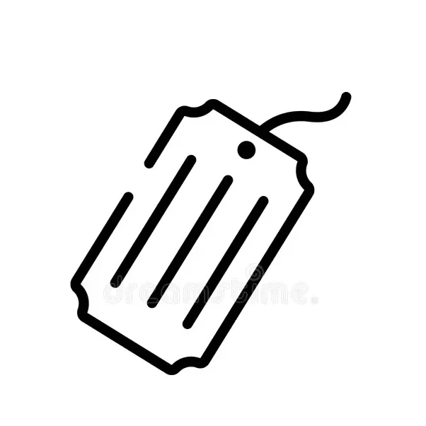 Black and white illustration of a luggage tag with a string attached.