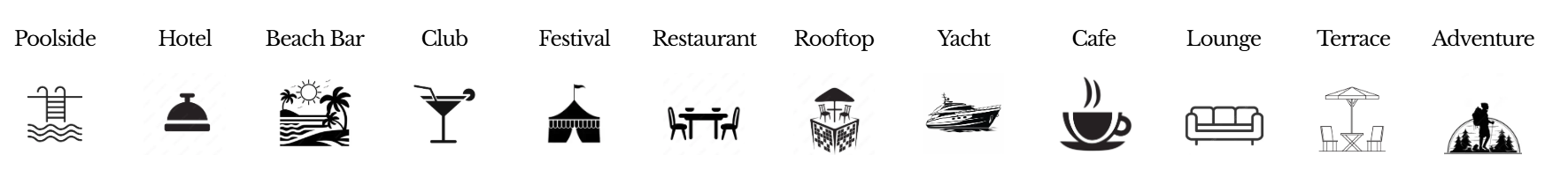 Icons representing various leisure and activity options such as pool, hotel, beach bar, club, festival, restaurant, rooftop, yacht, cafe, lounge, terrace, and adventure.