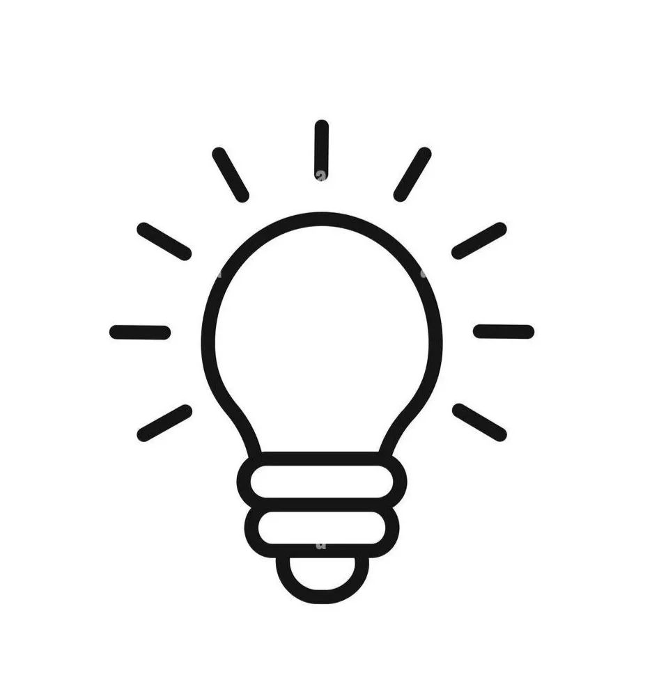 Line drawing of a light bulb with rays of light around it.