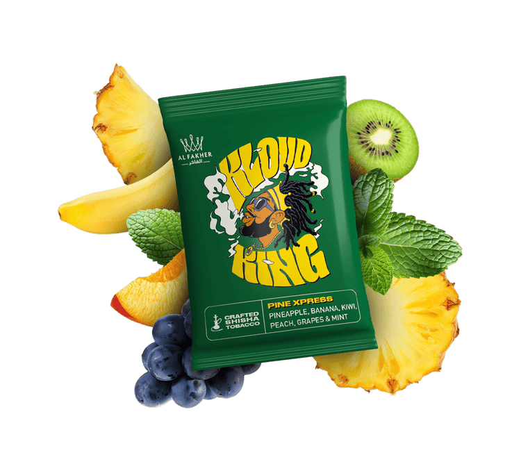A package of HIGHLIFE King Pine Xpress Pineapple, Banana, Kiwi, Peach, Grapes, and Mint flavored shredded tobacco surrounded by slices of pineapple, kiwi, peach, and bunches of grapes and mint leaves.