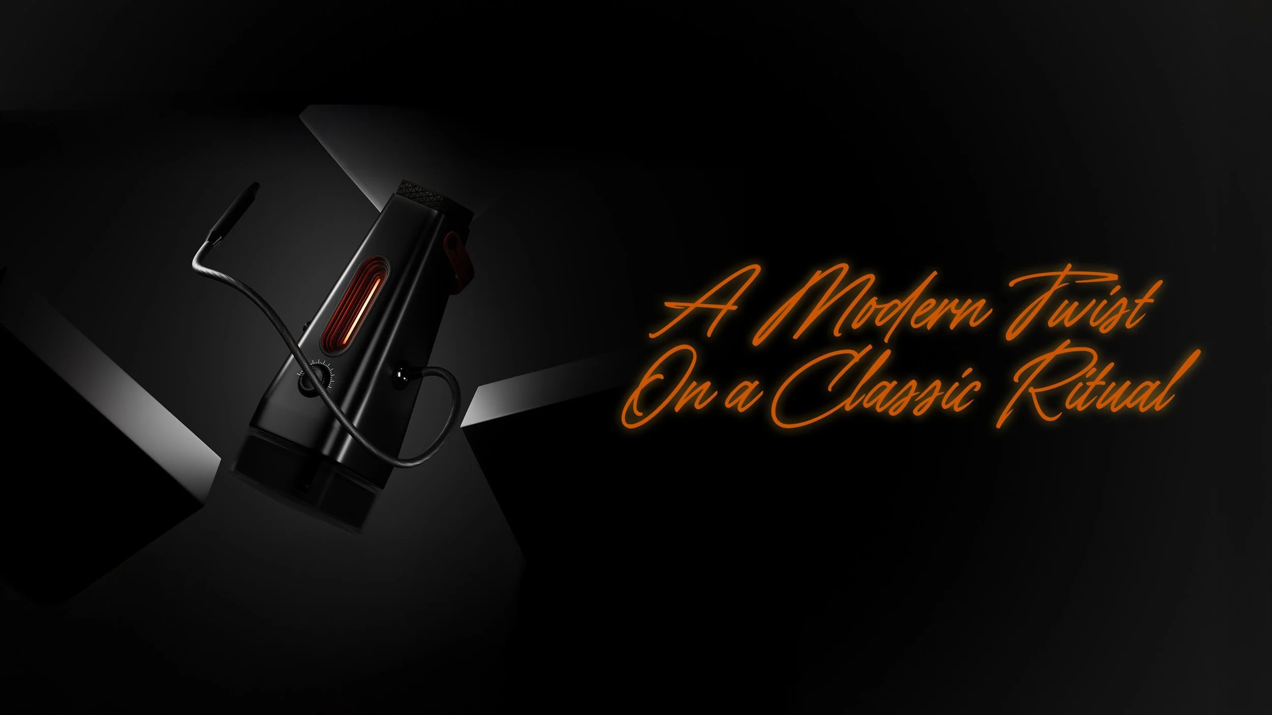 A modern electric shaver with a sleek black design and a glowing red light, accompanied by the text 'A Modern Twist On a Classic Ritual' in orange cursive font, set against a dark background.