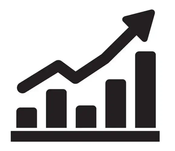 Black bar graph with an upward trending arrow indicating growth or increase.