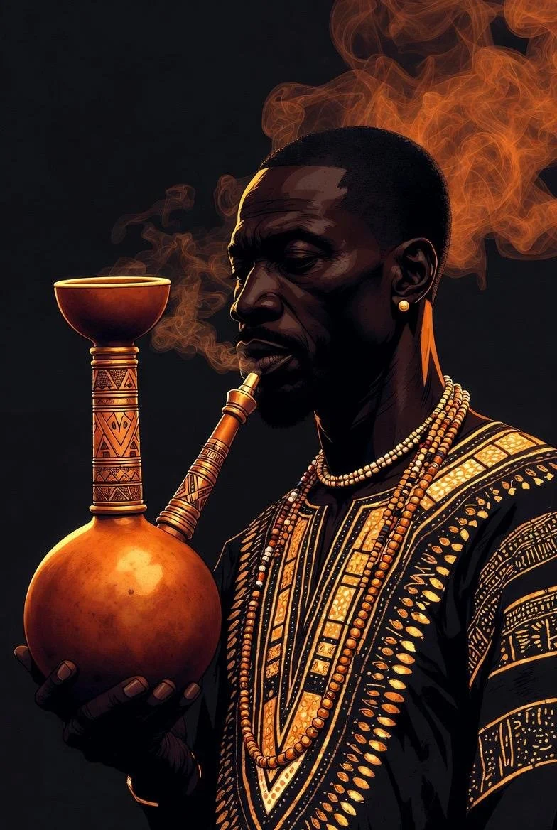 A digital illustration of a Black man wearing traditional African attire and jewelry, holding a decorated vessel with a long pipe, and smoke rising from it.