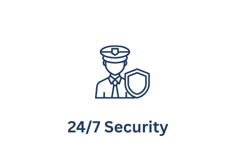 Icon of a security guard with a shield, above the text '24/7 Security'