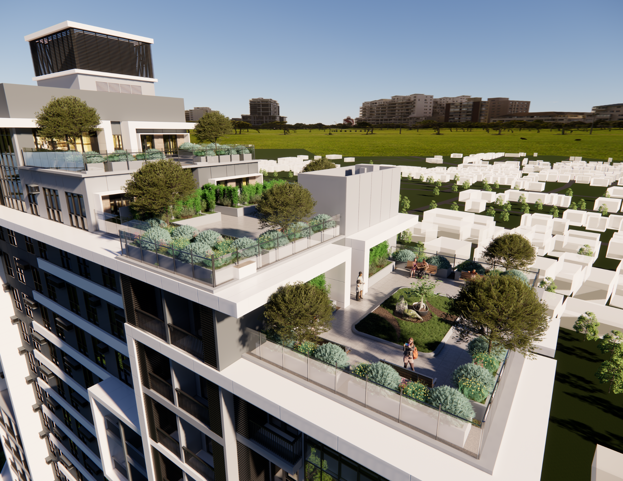 A modern high-rise building with multiple rooftop gardens featuring trees, plants, seating areas, and decorative elements, overlooking a cityscape and green fields in the background.