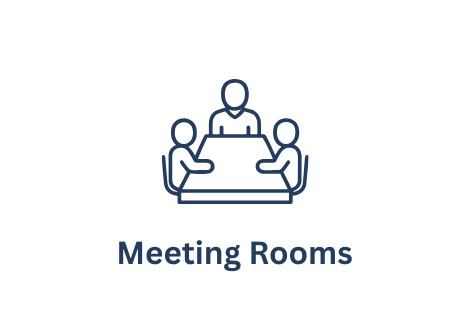 Icon of three people sitting around a table with the text 'Meeting Rooms' underneath.