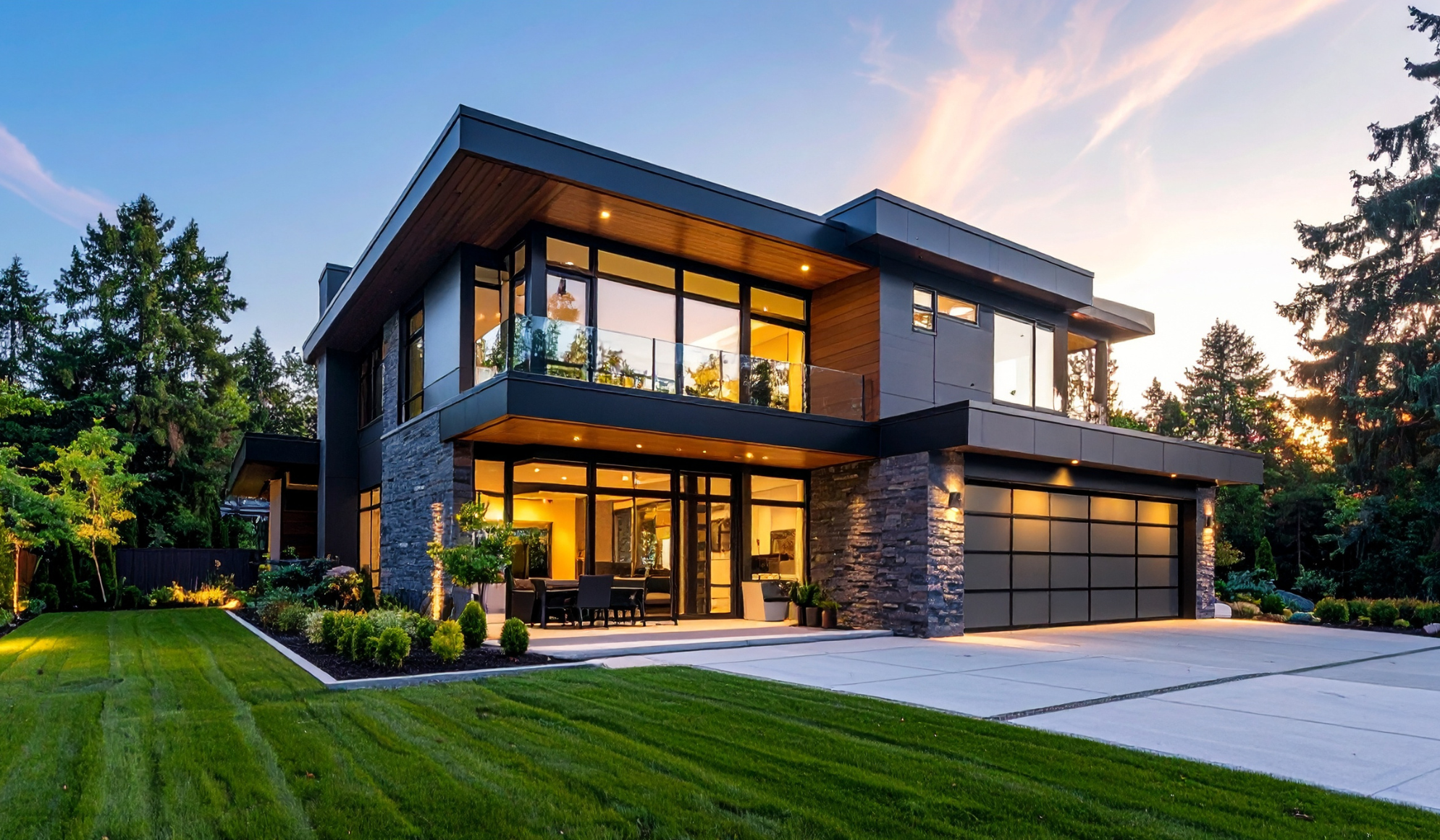 Modern two-story house with large glass windows, stone accents, and a landscaped yard at sunset.