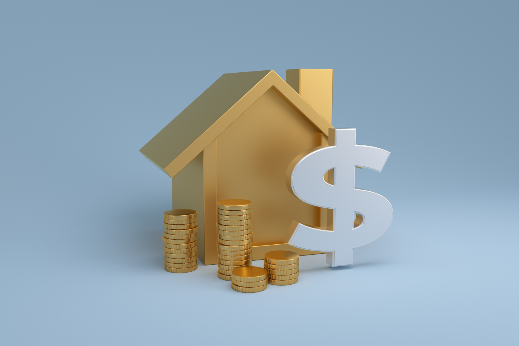 A 3D model of a house with a dollar sign, stacked coins, and a light blue background, representing real estate investment or property value.