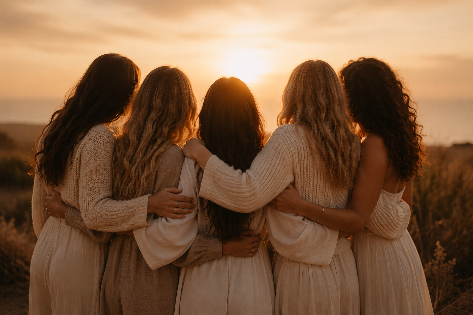 Five women standing close together outdoors during sunset, facing away from the camera, with the ocean in the background, embracing each other.