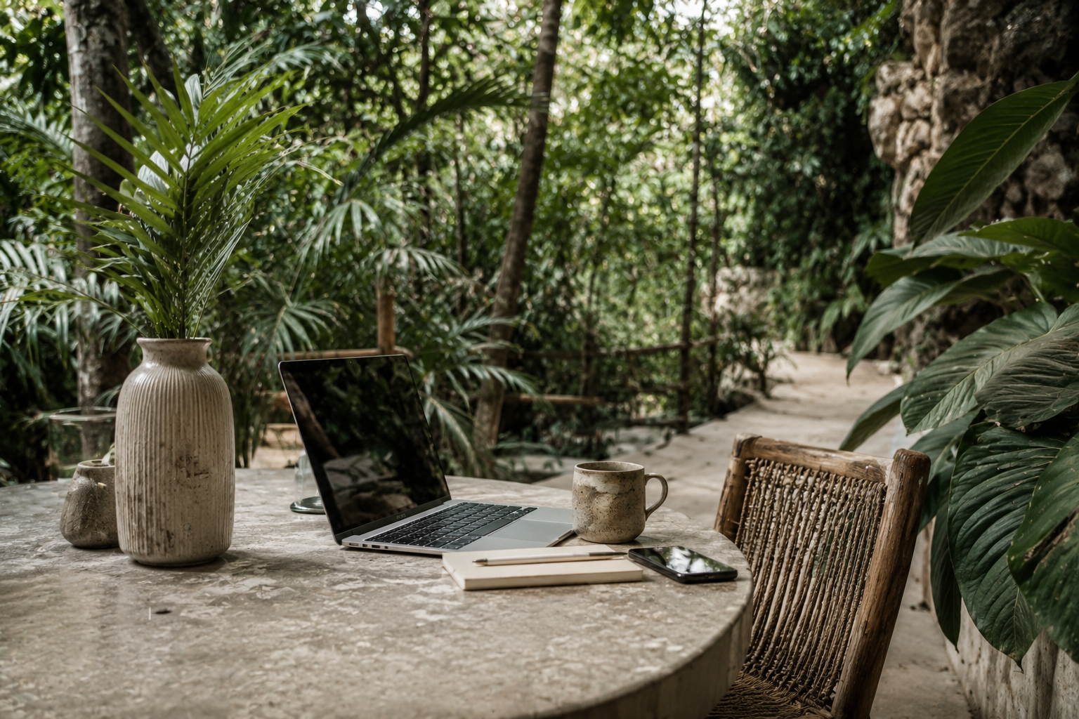 A round table outdoors in a lush, green tropical setting with a laptop, smartphone, a notebook, a ceramic mug, and a decorative plant in a ceramic vase on the table, surrounded by wooden and rattan chairs.