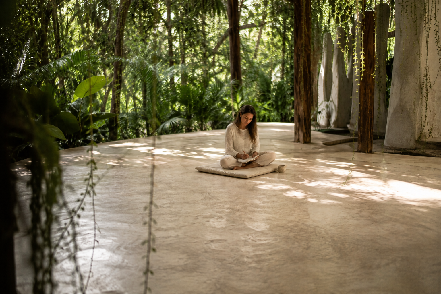 A young woman sitting cross-legged on a cushion, writing in a notebook in a serene, lush, green indoor garden with large trees and hanging plants.